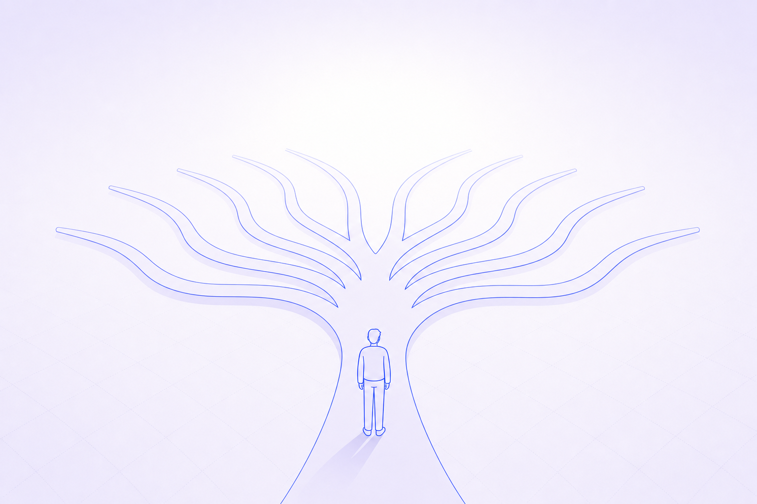 A minimal illustration of a person paused at a fork in a path that splits into many identical branches
