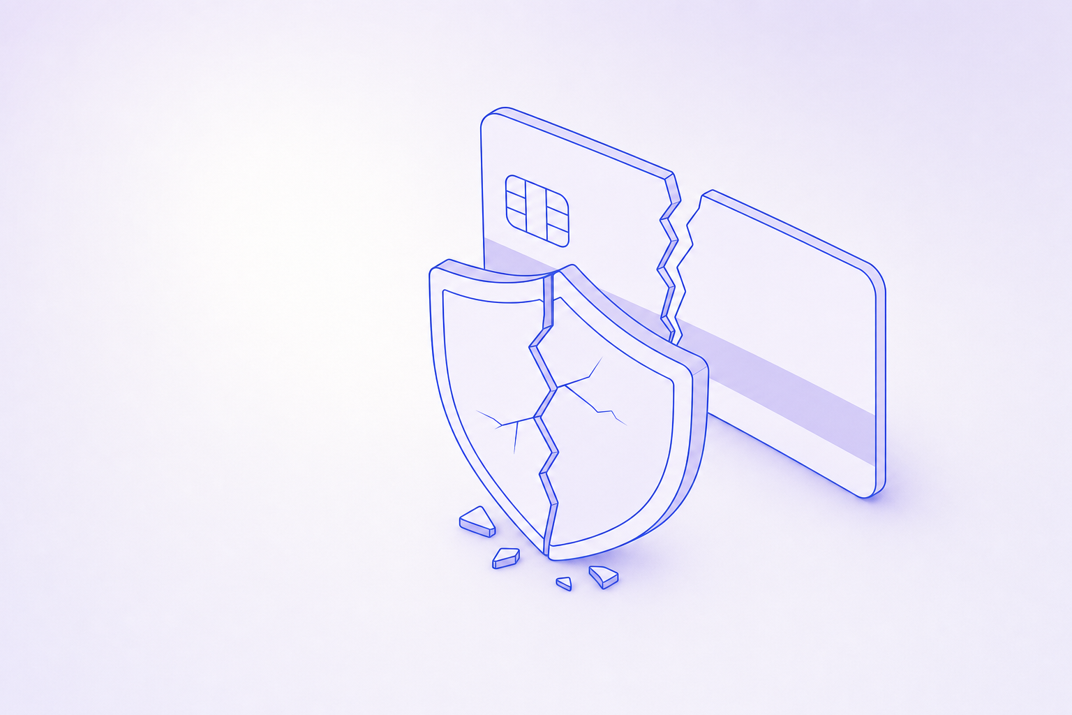 A broken credit card behind a cracked shield