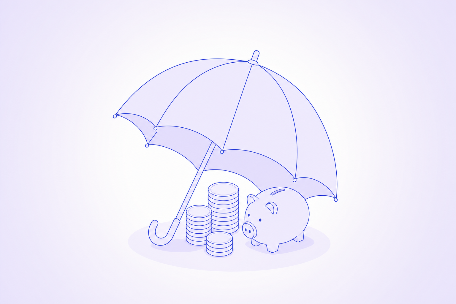 An umbrella sheltering a stack of coins and a piggy bank