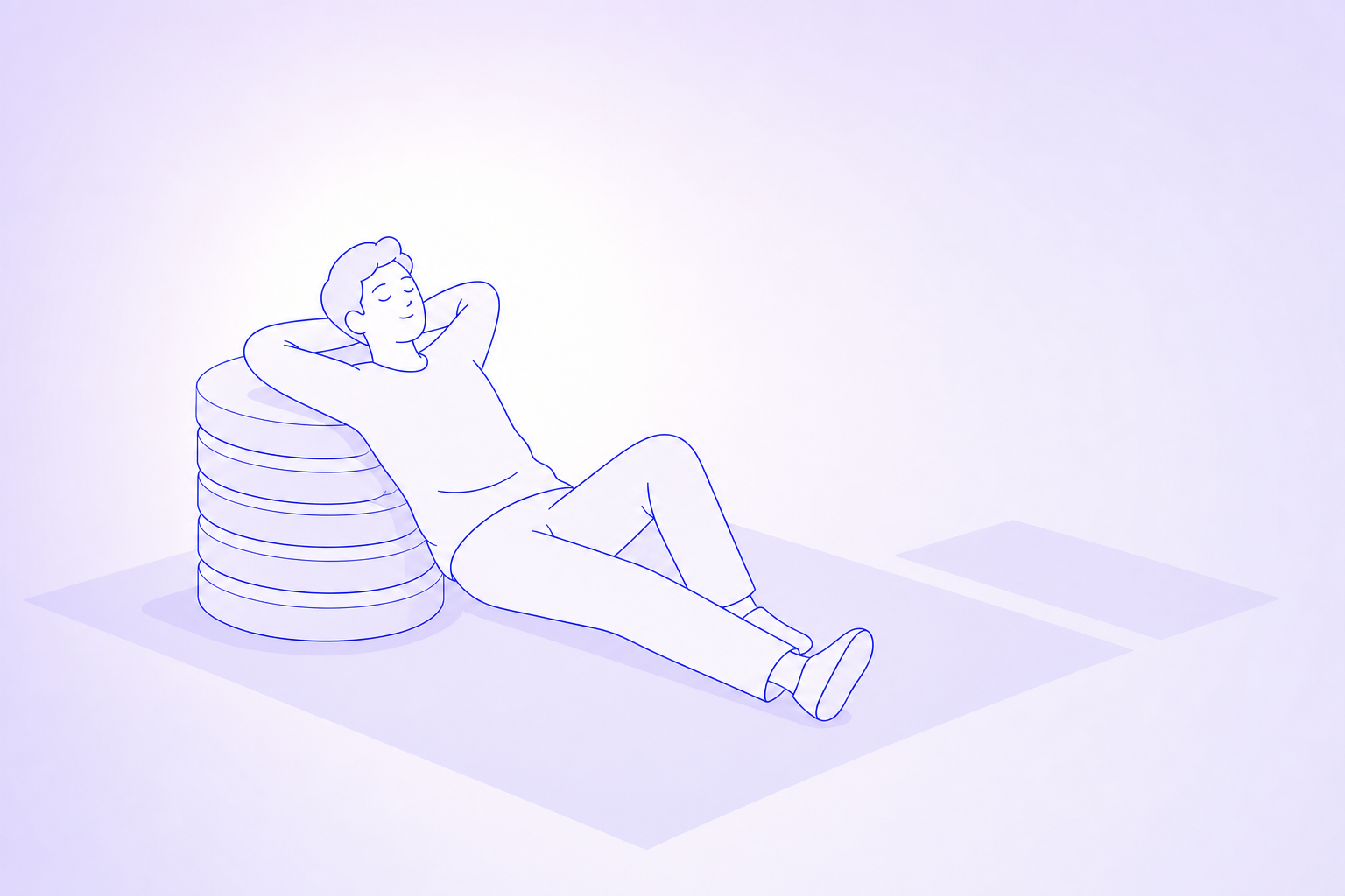 A minimal illustration of a calm person resting against a cushion of stacked coins