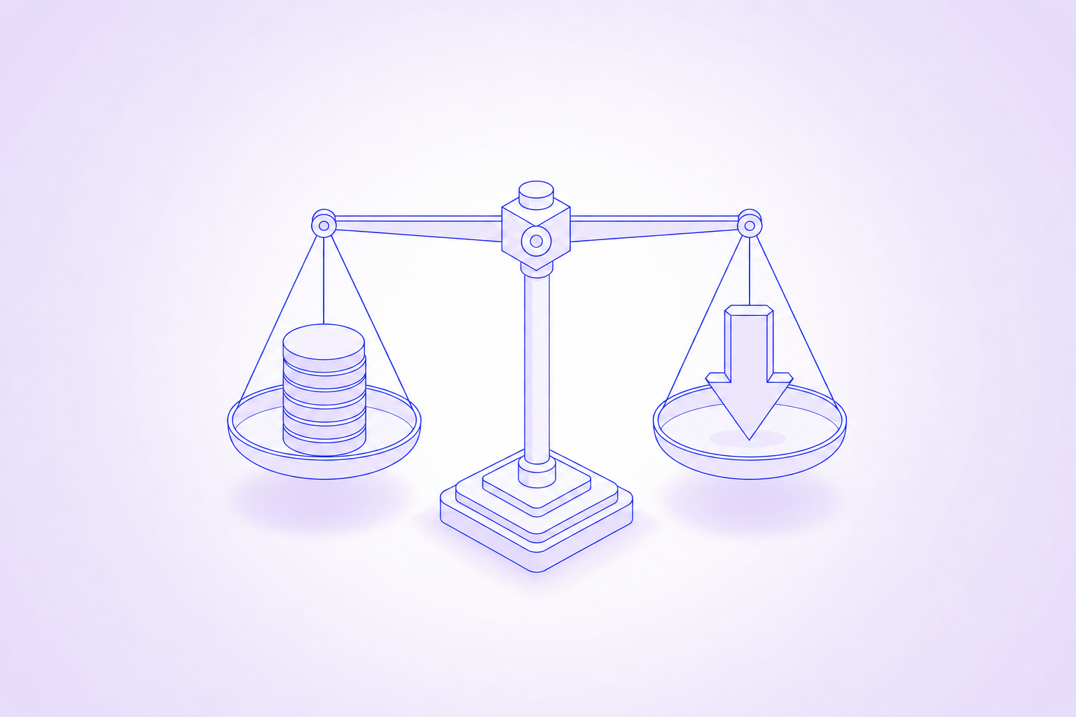 A minimal illustration of a balance scale weighing a coin against a downward debt arrow