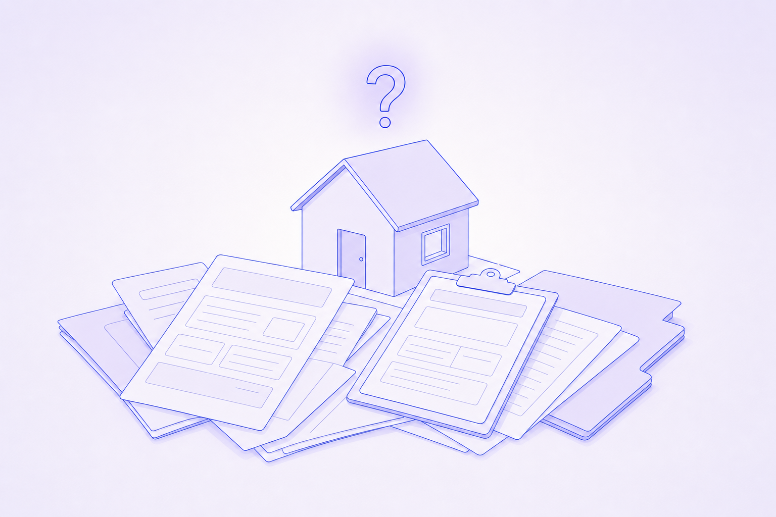 A minimal illustration of a house behind a tangle of forms and a single question mark