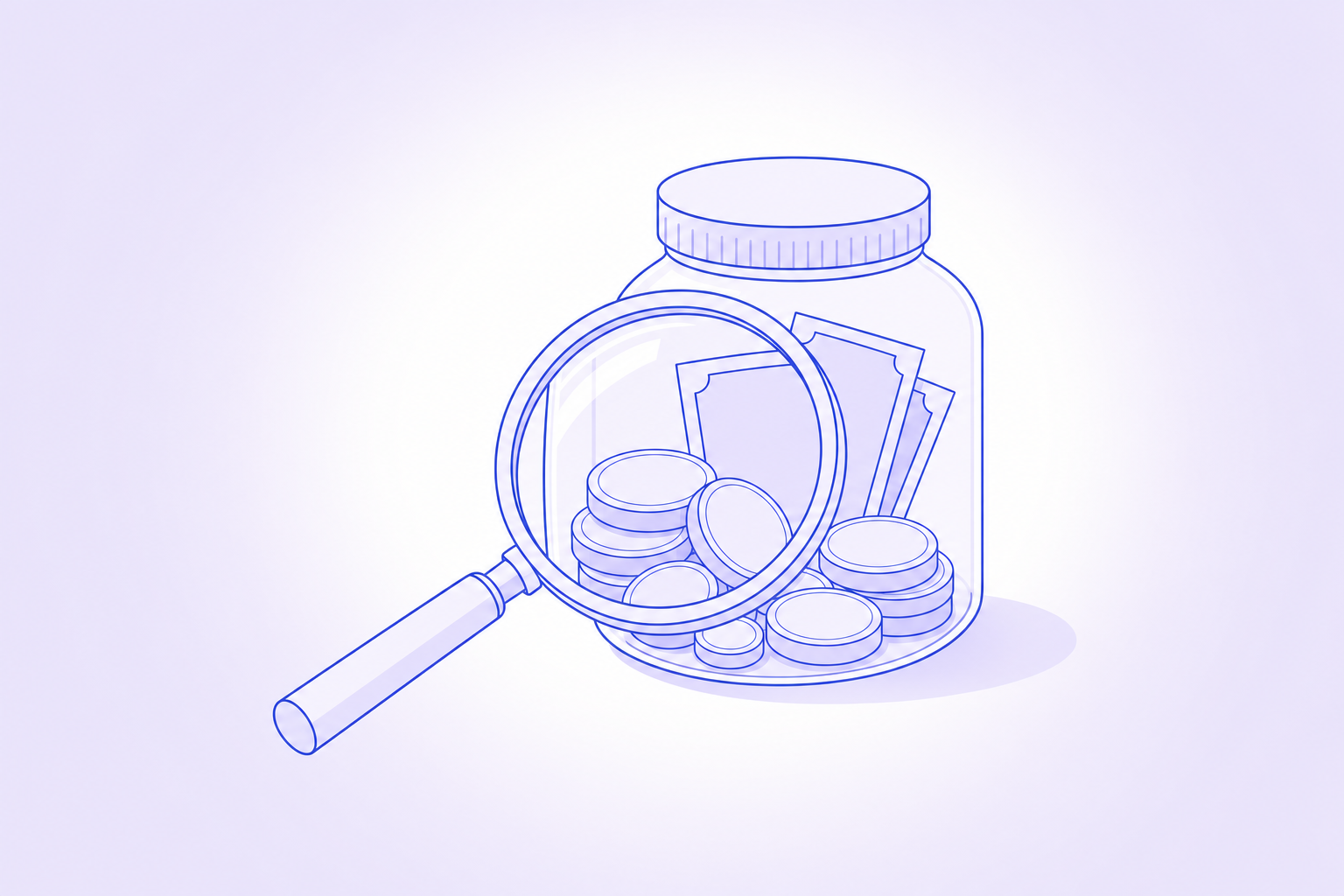 A magnifying glass held over a savings jar